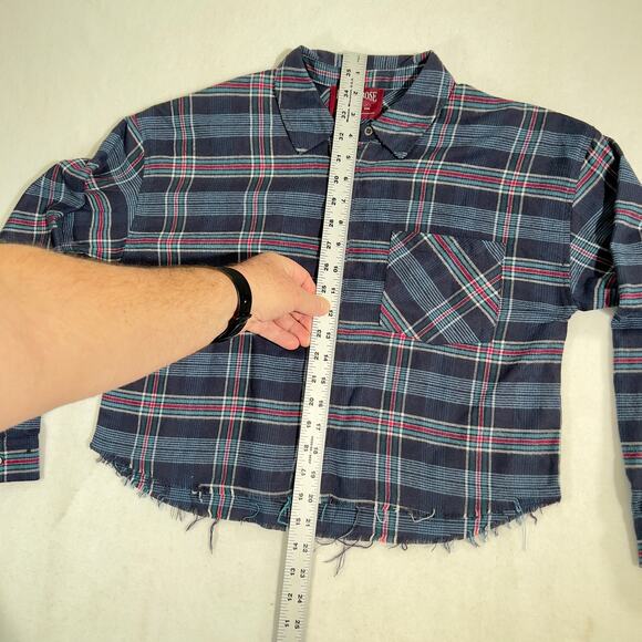 Hippie Rose Button Crop Top Woman's Small Blue Plaid Flannel Pocket - Picture 6 of 11